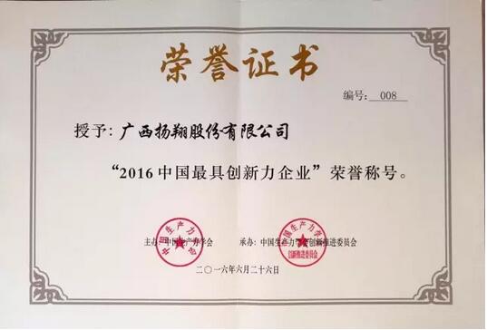 热烈祝贺扬翔股份被评为“2016中国最具创新力企业”
