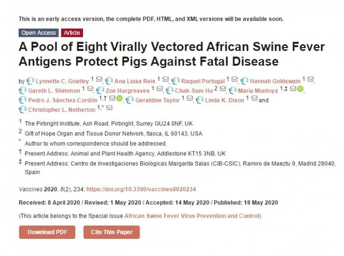 诺尔瓦森公司宣布开发出非洲猪瘟载体疫苗