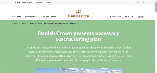 因产能过剩，丹麦皇冠关闭一家主要屠宰场，并裁员800人